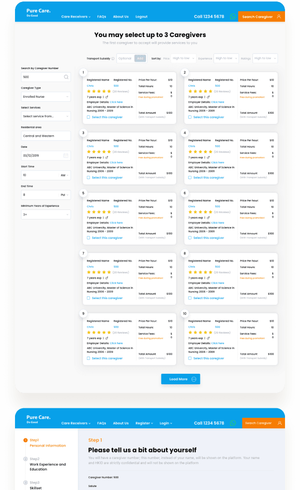 Caregivers's Booking Platform designs